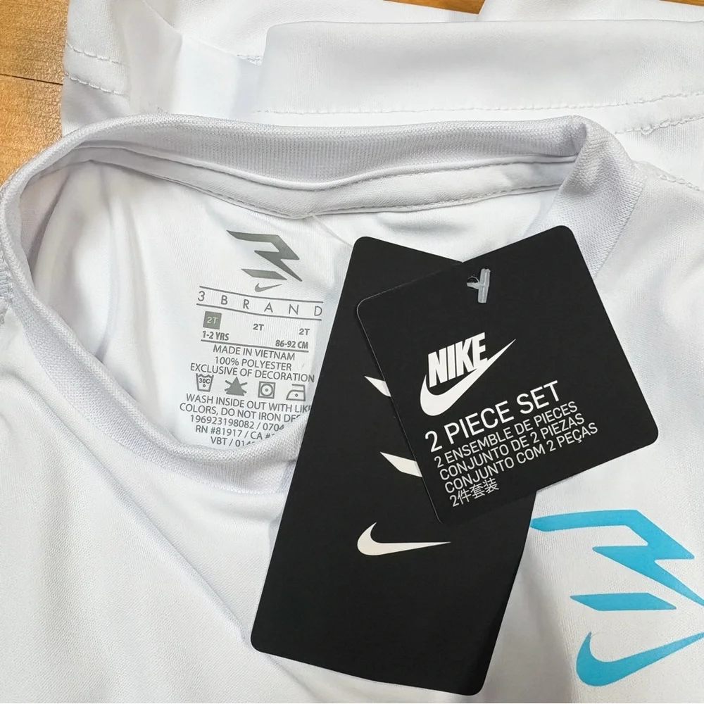 NWT Nike 3 Brand Blue & White 2-Piece Dri-Fit Swim Tee & Trunks Set Size 2T